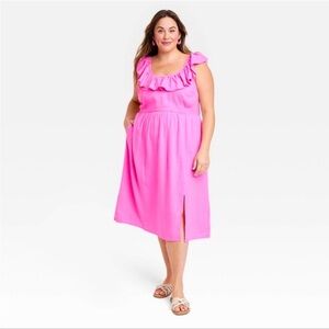 AVA & VIV PINK LINEN RUFFLE EMPIRE WAIST SLEEVELESS MIDI DRESS SIZE 2X PLUS